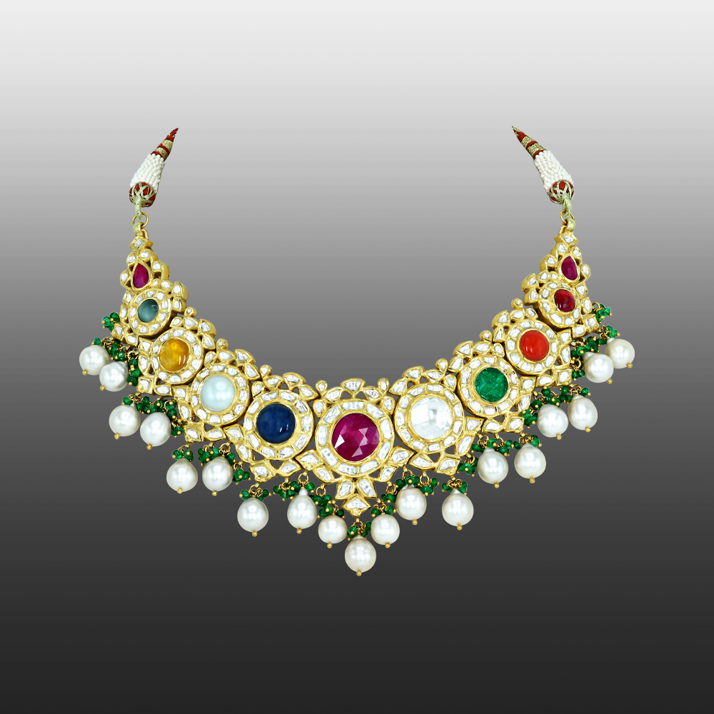 Navaratan Necklace with Polki Diamonds, Pearls, and Emerald Beads